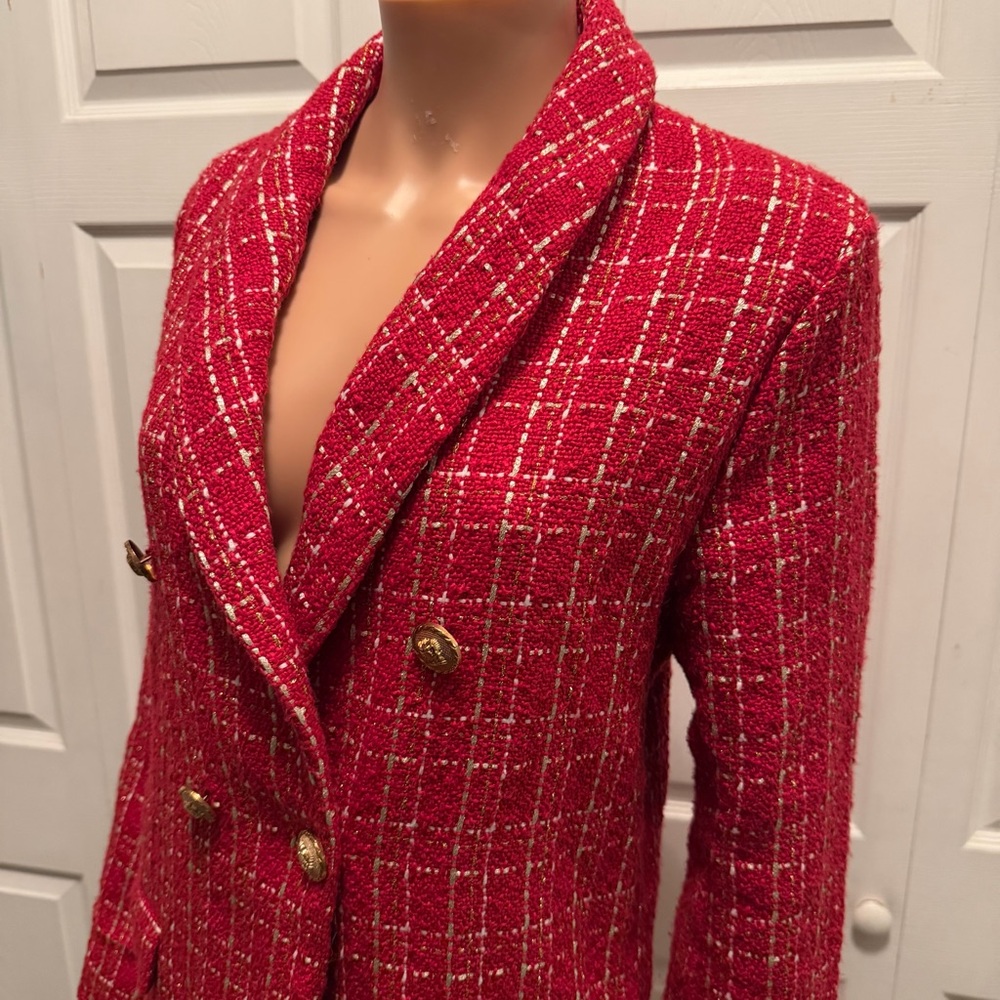 Red Tweed Plaid Double-Breasted Blazer Women’s Size L Old Money - Picture 10 of 16